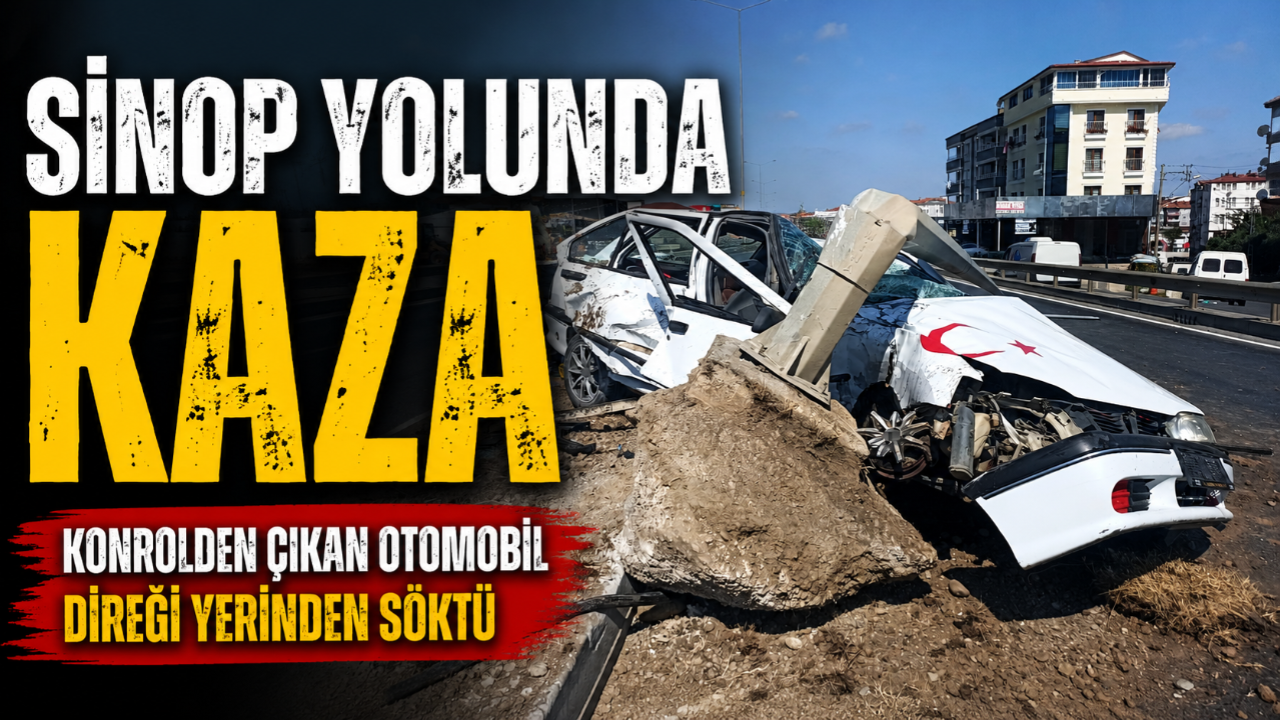 Sinop yolunda kontrolden çıkan otomobil aydınlatma direğini devirdi